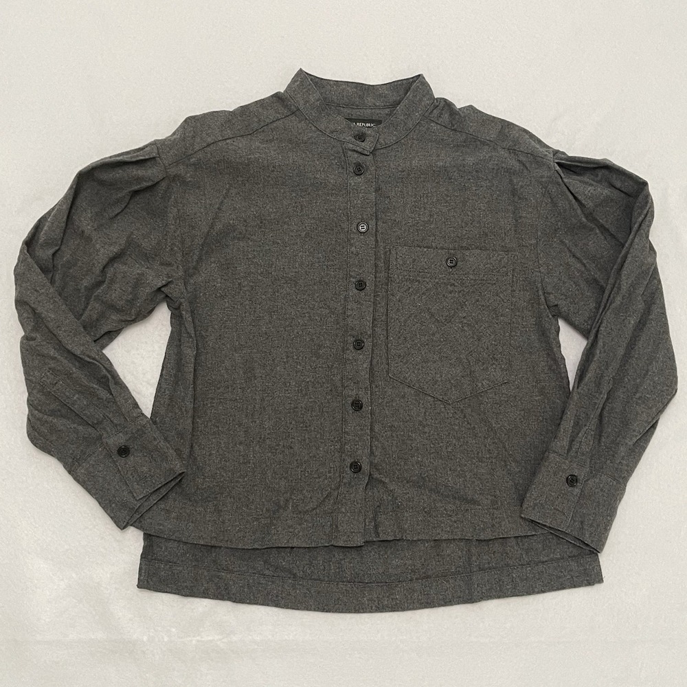 Banana Republic Gray 100% Cotton Button Front Blouse XS Puff Sleeve Pocket Top